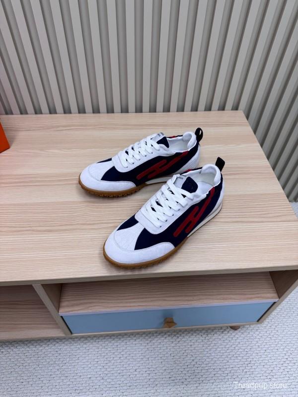 2025 Unisex Hermès White Navy Red Suede Down Fabric Sneakers KFY00300