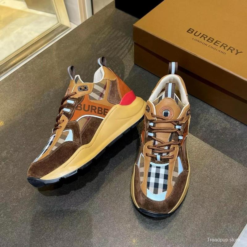 2025 Unisex Burberry Brown Beige Suede Leather Mesh Sneakers Checked Pattern MX00380