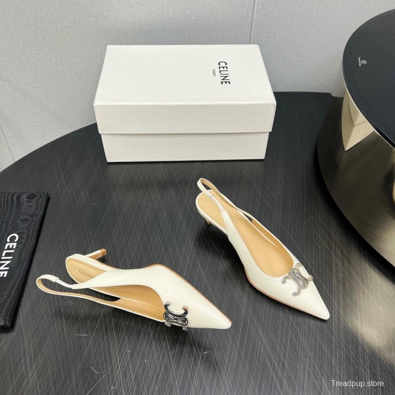 2025 Women Celine White Patent Leather Kitten Heel Pointed Toe Trimed KFY00290