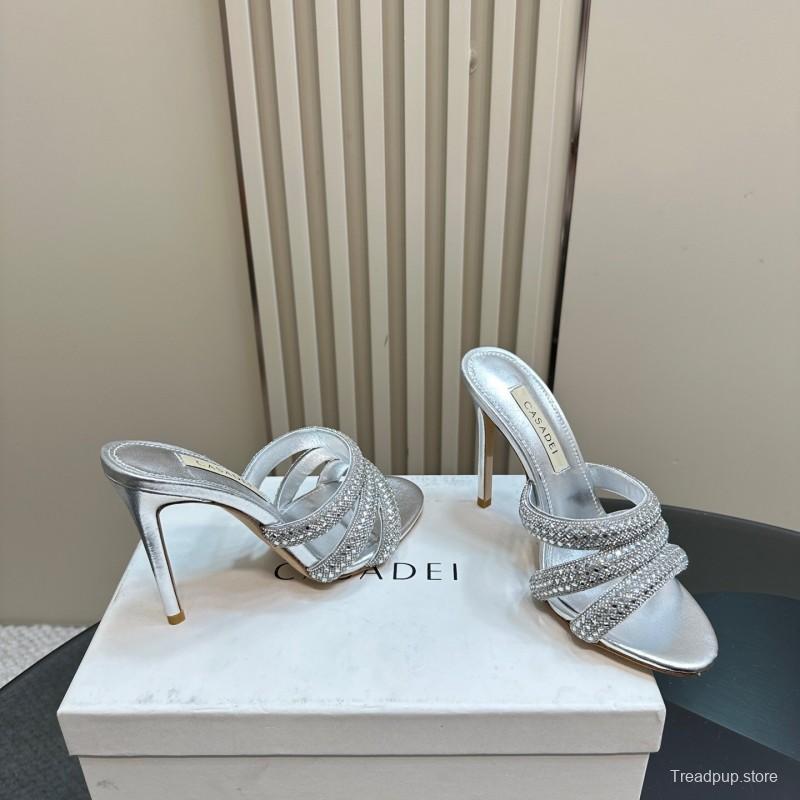 2025 Women Casadei Silver Leather High Heel Crystal Embellished KFY00290