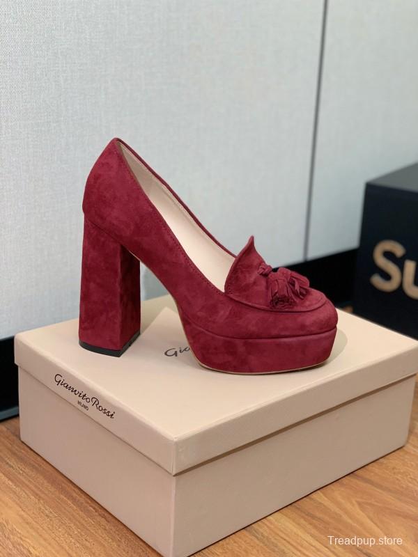 2025 Women Gianvito Rossi Red Suede Platform Loafers Tassel KFY00330
