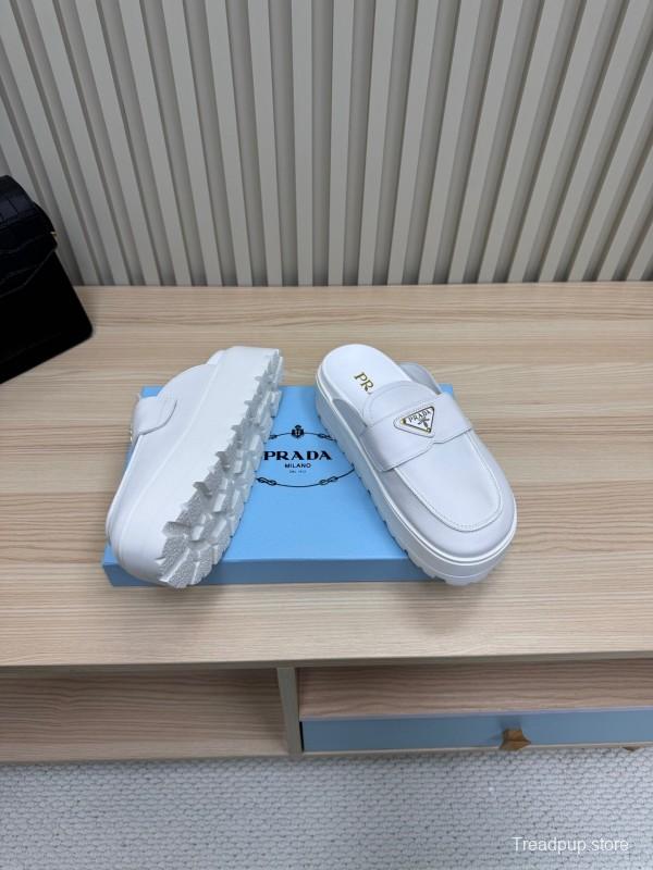 2025 Women Prada White Leather Slippers KFY00280