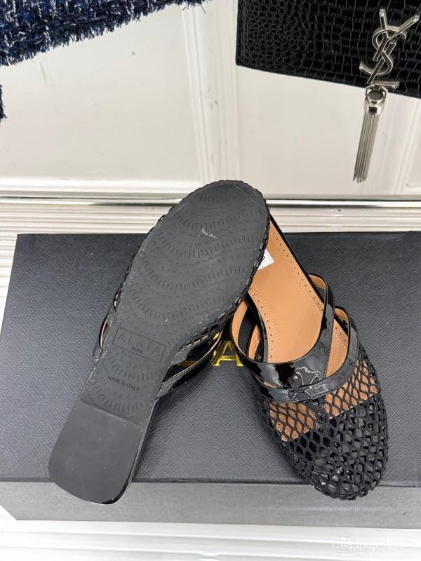 2025 Women AlAIA Black Leather Mesh Flat Mule KFY00260