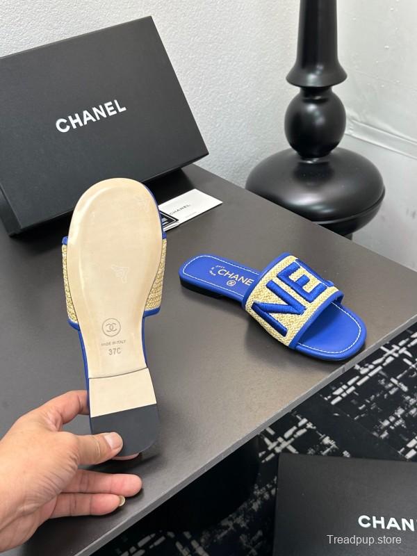 2025 Women CHANEL Blue Beige Canvas Slippers