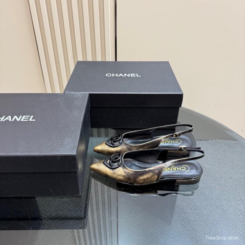 2025 Women Chanel Black Gold Satin Leather Sandals KFY00290