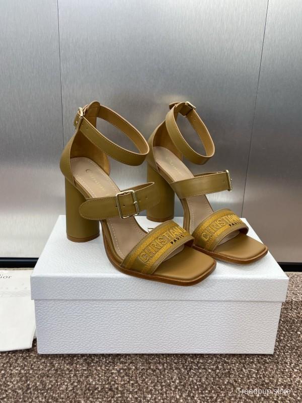 2025 Women Dior Yellow Leather Embroidered High Heel Sandals
