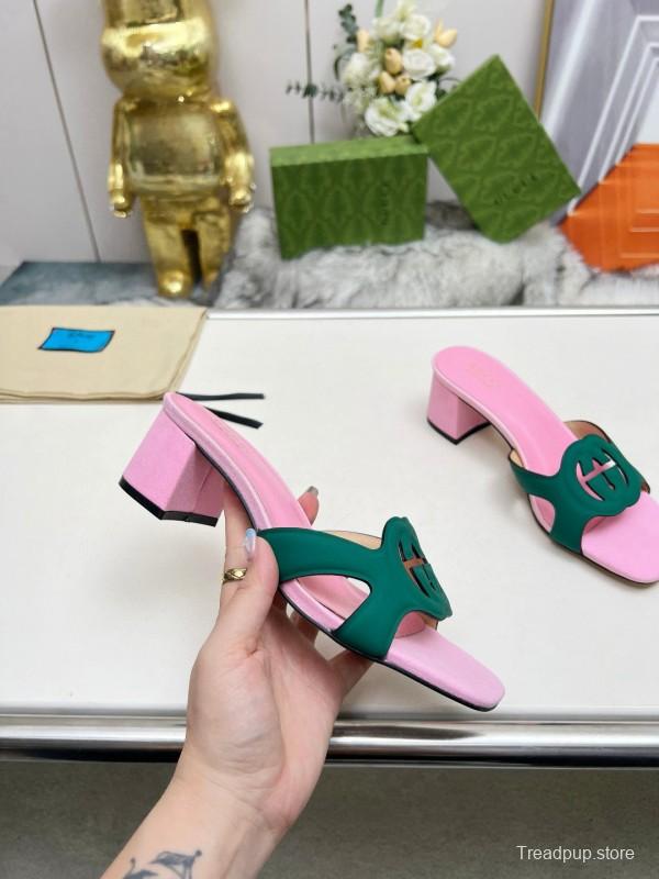 2025 Women Gucci Pink Green Leather Slippers
