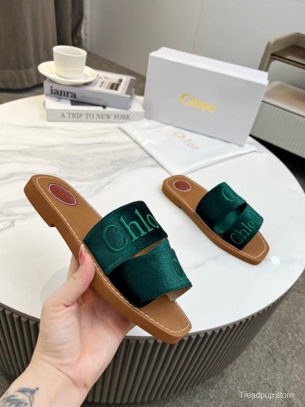2025 Women Chloé Green Velvet Slippers
