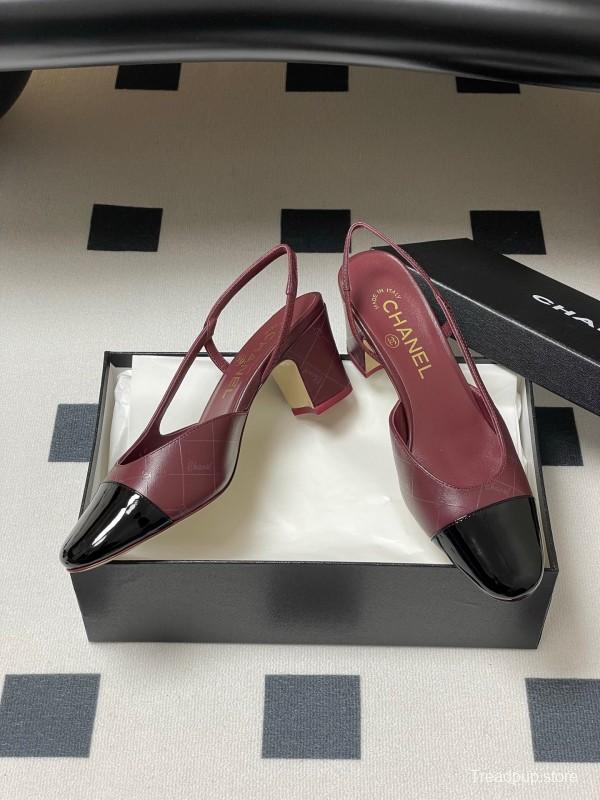 2025 Women Chanel Burgundy Black Leather Sling-back Chunky Heel