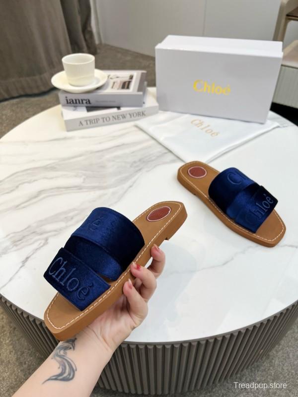 2025 Women Chloe Navy Velvet Slippers LY00200