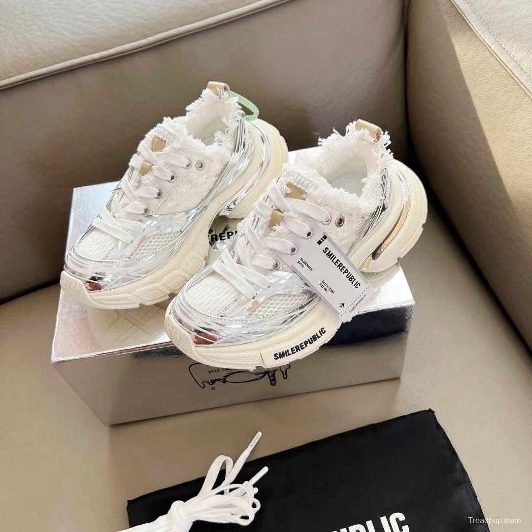 2025 Unisex Smilerepublic White Silver Mesh Leather Fur Sneakers