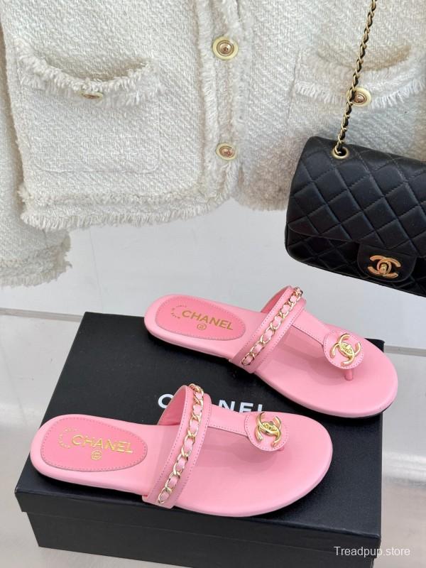 2025 Women Chanel Pink Lambskin Chain Toe Ring Sandals