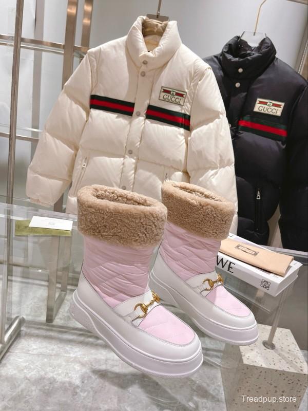 2024 Women Gucci Pink White Leather Shearling Snow Boots