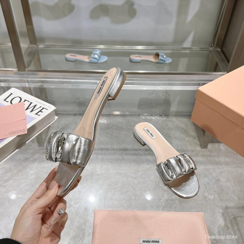 2025 Women Miumiu Silver Metallic Leather Slippers