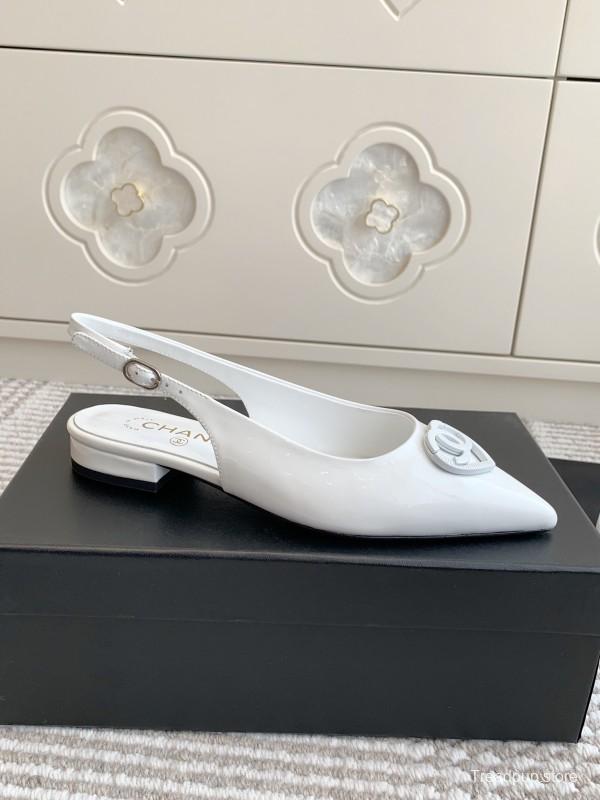 2025 Women Chanel White Leather Slingback Pointed Toe Heart Double C KFY00300