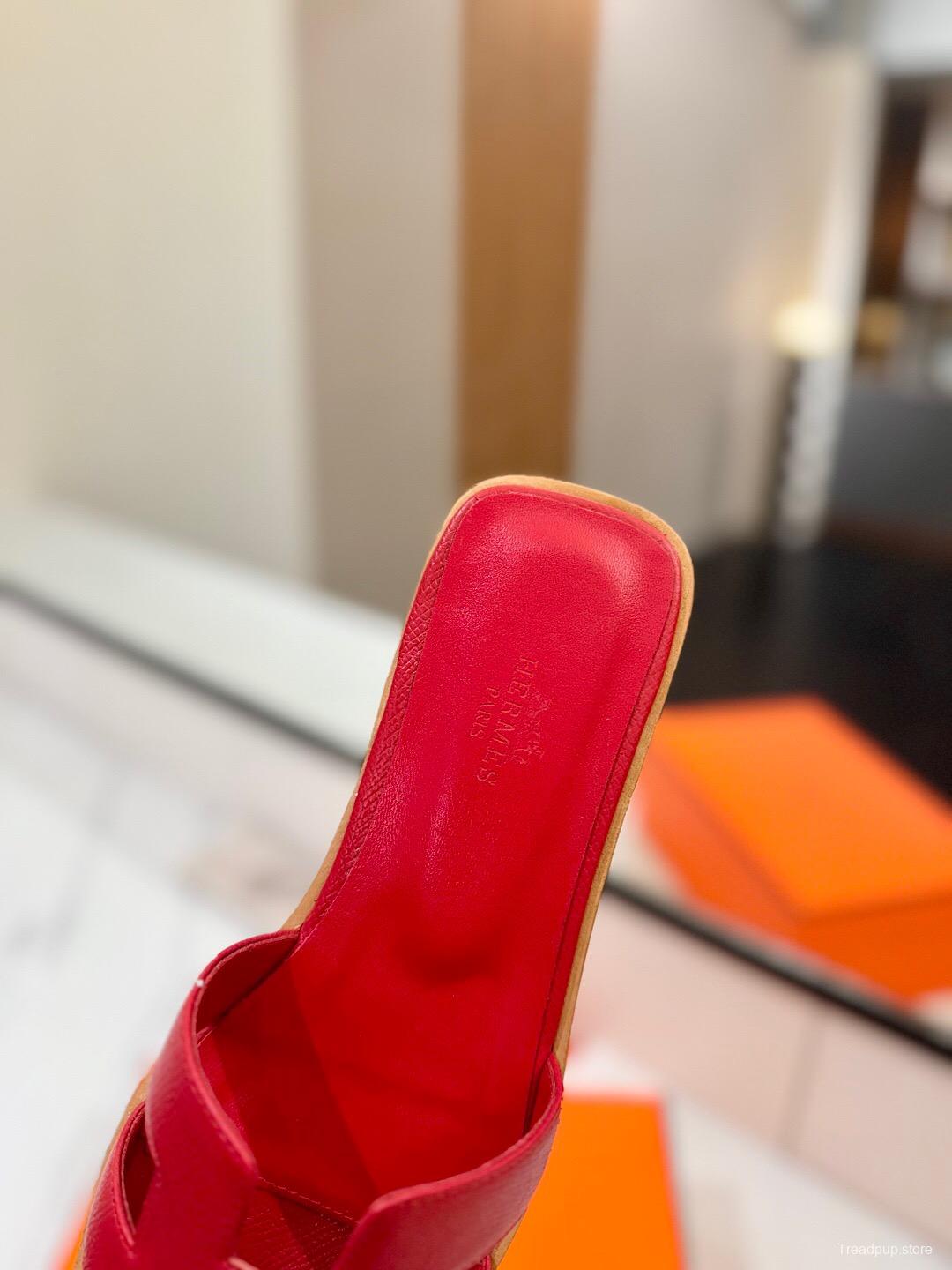 2025 Women Hermès Red Leather Slippers