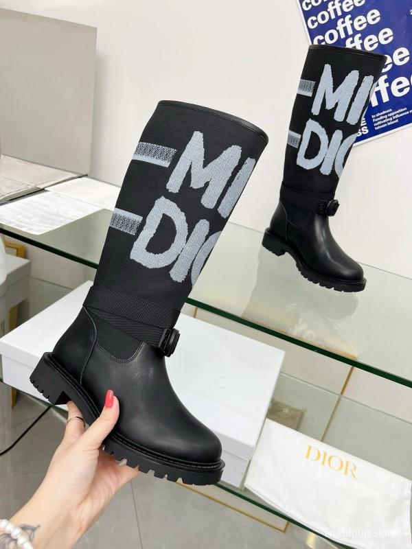 2024 Women Dior black leather knit fabric boots MJ00350