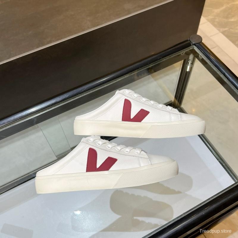 2025 Women VEJA White Burgundy Canvas Leather Slip-On Sneakers
