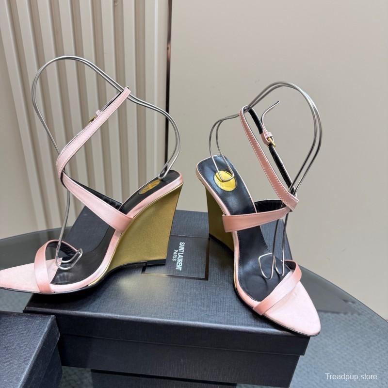 2025 Women Yves Saint Laurent Pink And Olive Silk Wedge Sandals Elegant Design KFY00290(F)