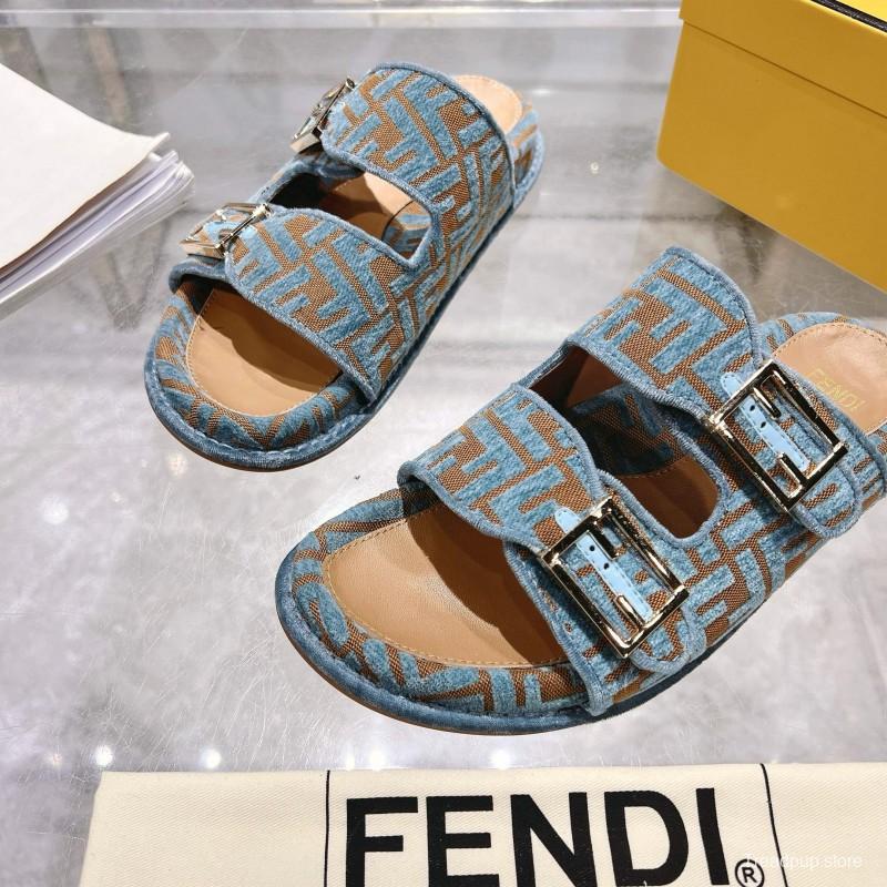 2025 Fendi Blue Beige Fabric Leather Slippers KFY00250