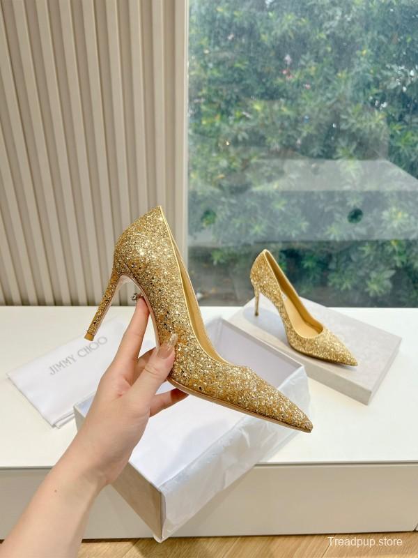 2025 Women Jimmy Choo Gold Crystal Leather Heels KFY00280