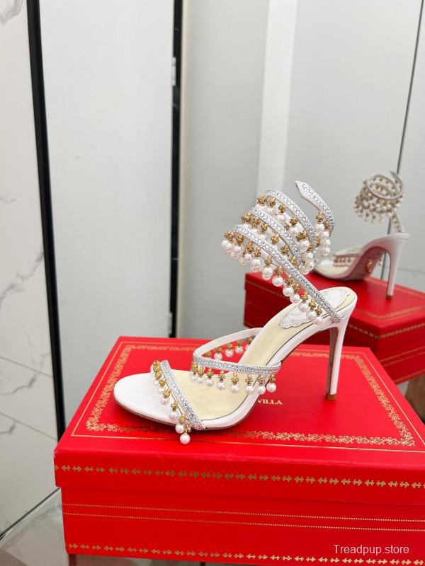 2025 Women RC White Crystal Pearl Leather High Heel Sandals LY00360