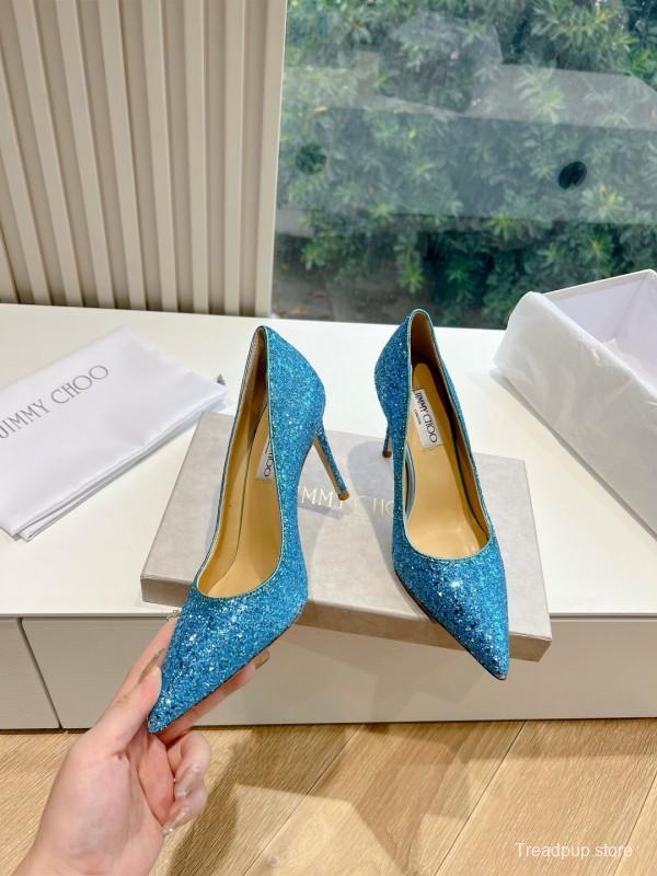 2025 Women Jimmy Choo Blue Glitter Leather Pumps