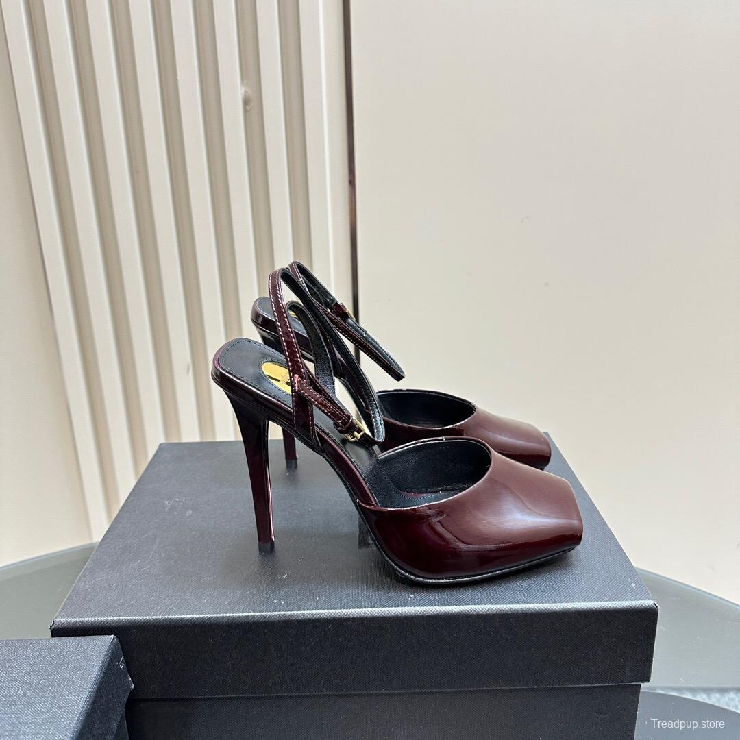 2025 Women Yves Saint Laurent Burgundy Patent Leather Slingback Heels