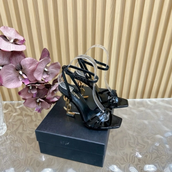 2025 Women Yves Saint Laurent Black Patent Leather High Heel Sandals Metal Logo MJ00310