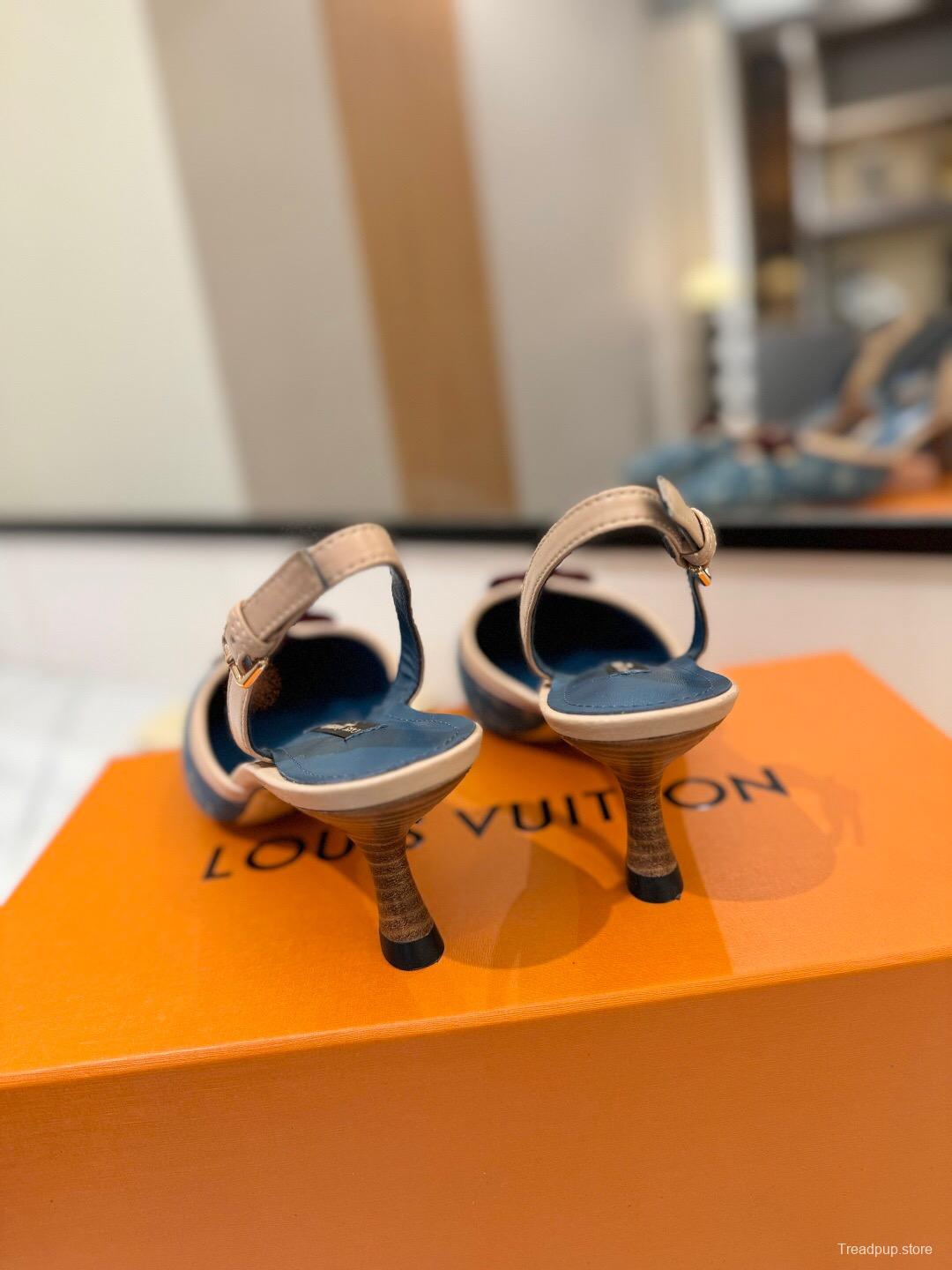 2025 Women Louis Vuitton Blue Denim LV Monogram Leather Sandals Buckle KFY00310