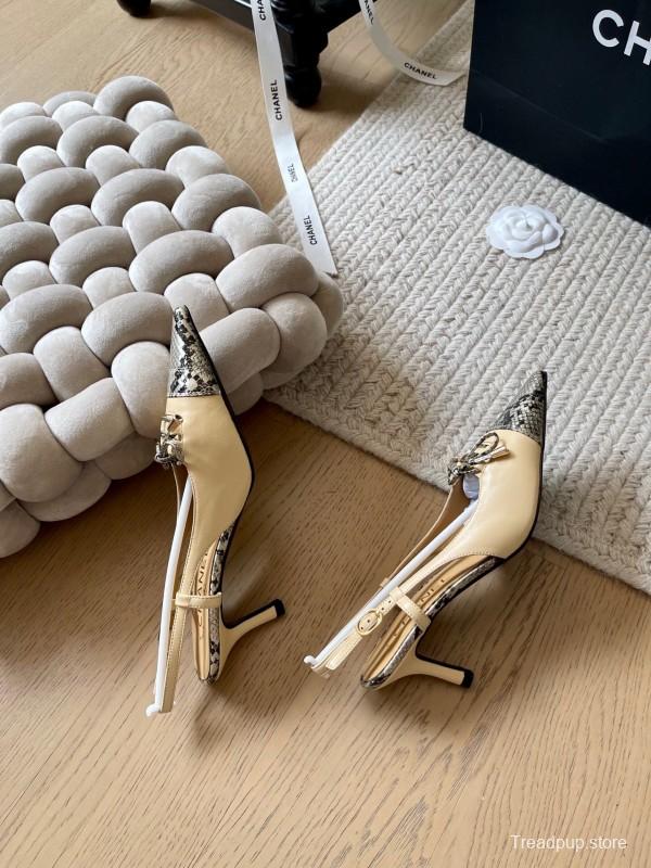 2025 Women Chanel Beige Snake Leather Heels KFY00320
