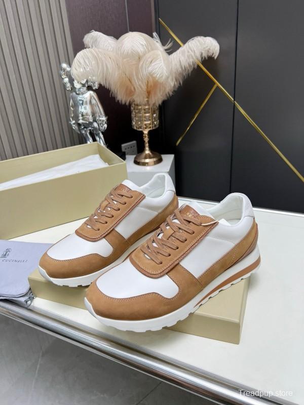2024 Unisex Brunello Cucinelli White Brown Suede Leather Sneakers MJ00360