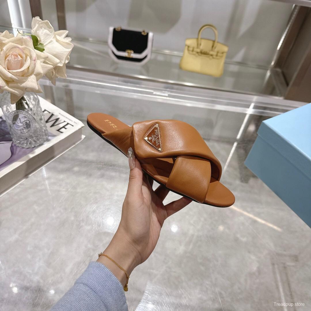 2025 Women Prada Brown Leather Slippers