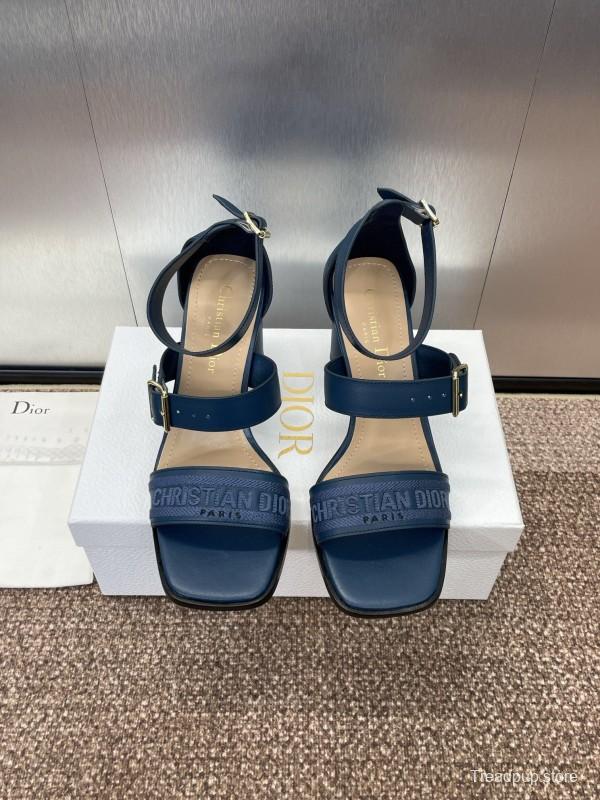 2025 Women Dior Navy Blue Leather Sandals Ankle Strap KFY00310