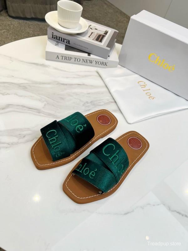 2025 Women Chloé Green Velvet Slippers