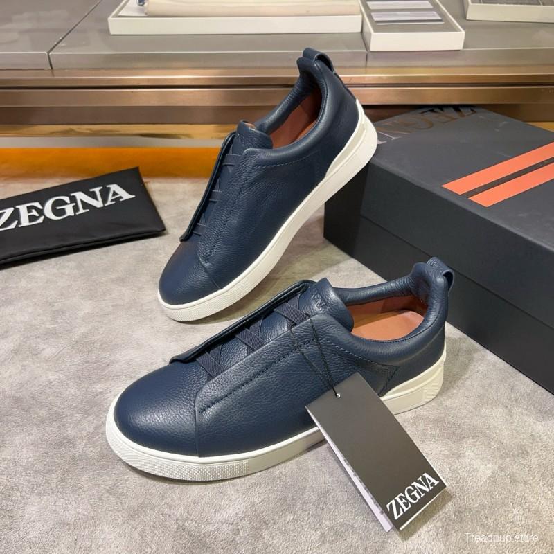 2024 Men Ermenegildo Zegna Navy Calfskin Slip-On Sneakers MJ00280