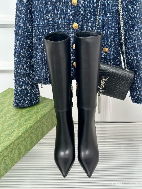 2024 Women Gucci Black Leather Boots Chain Detail MJ00550