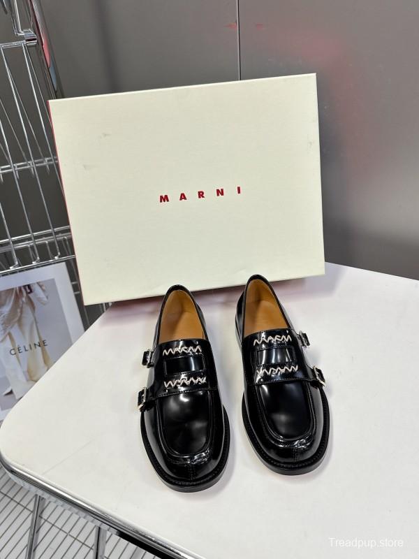 2025 Women Marni Black Leather Loafers KFY00320