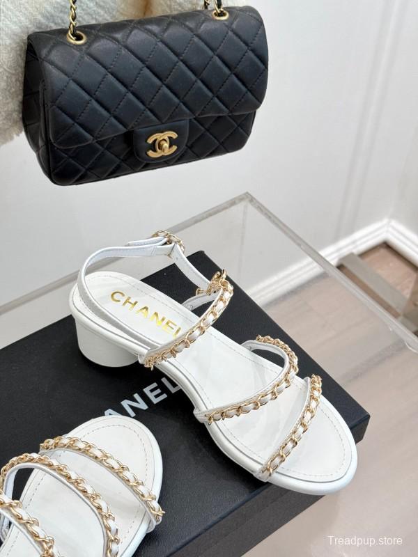 2025 Women Chanel White Leather Chain Strap Sandals