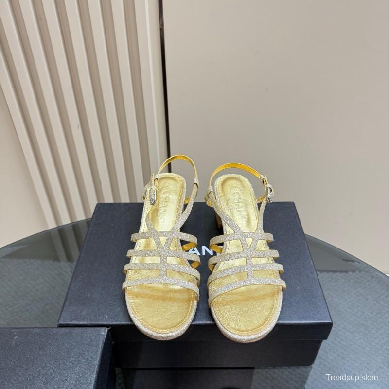 2025 Women Chanel Gold Leather Sandals KFY00290