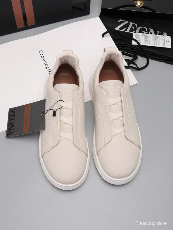 2024 Men Ermenegildo Zegna Beige Leather Low Top Sneakers MJ00240