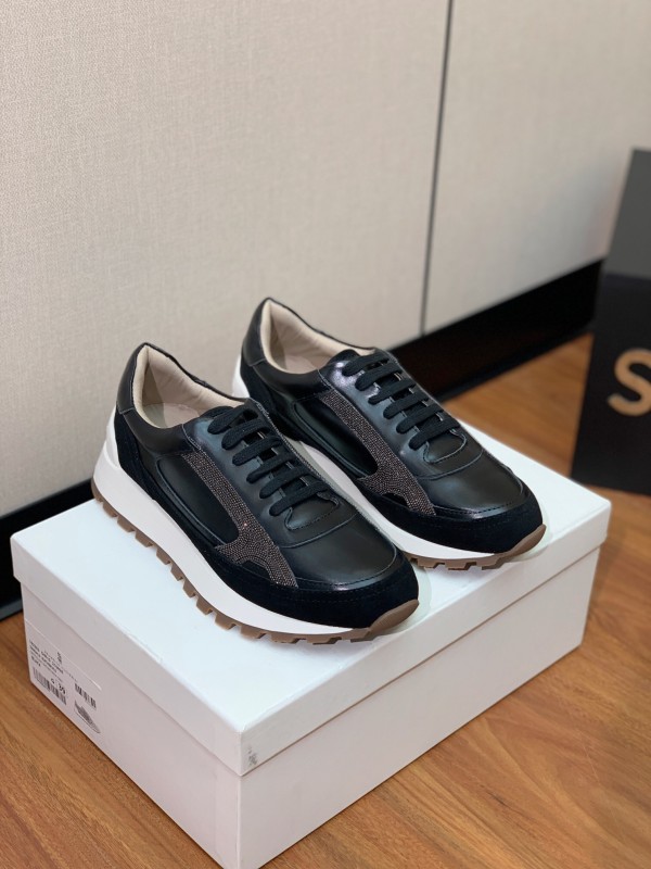 2025 Unisex Brunello Cucinelli Black Brown Leather Suede Sneakers LY