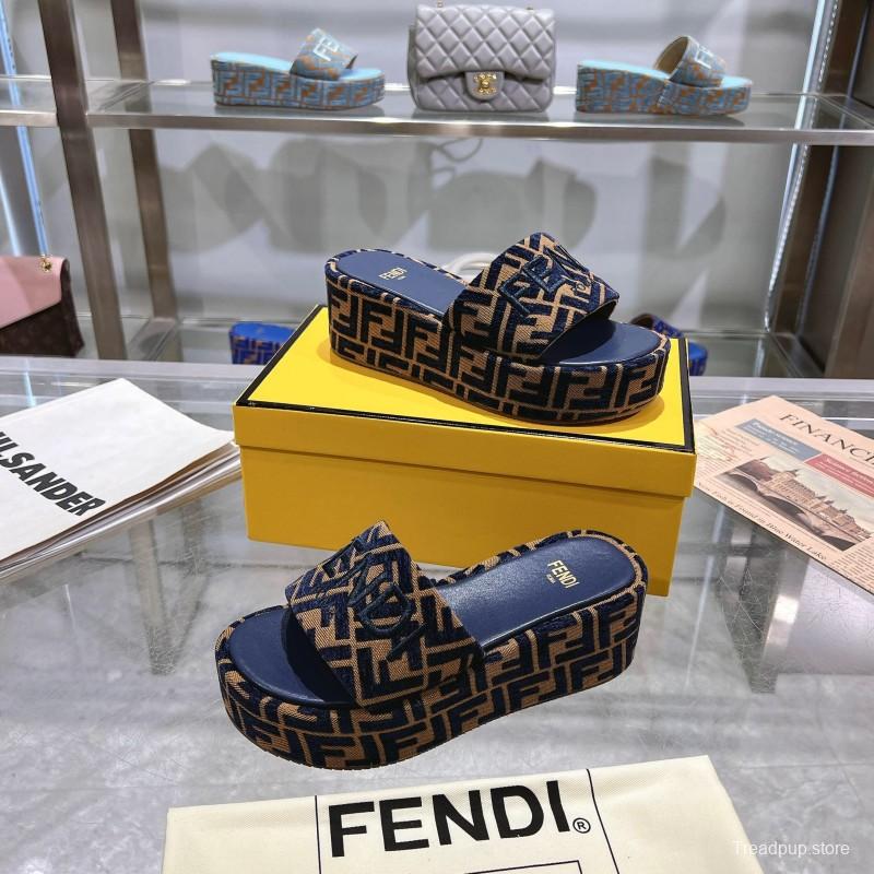 2025 Slippers Fendi Blue Brown Canvas Platform FF Jacquard KFY00240