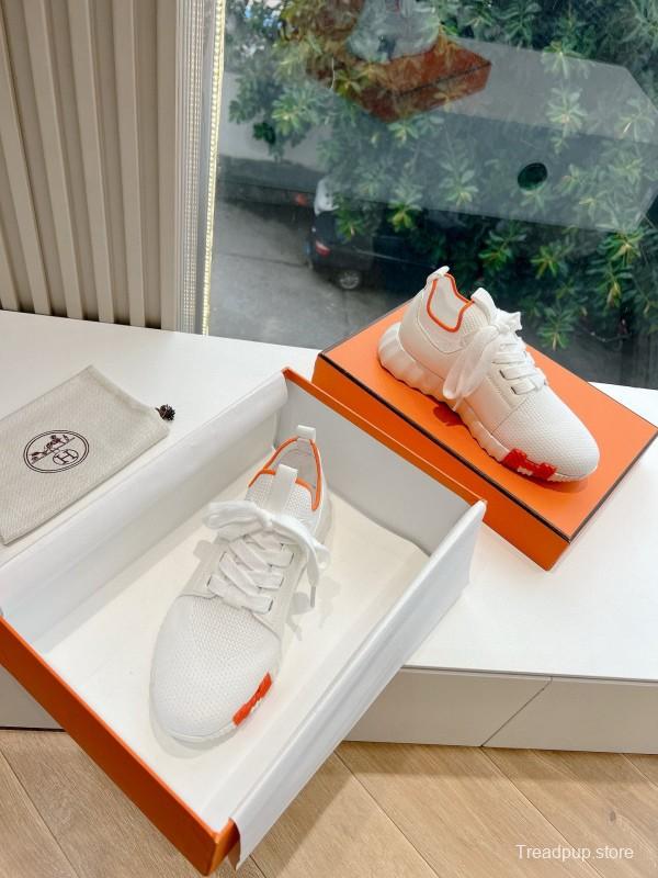 2024 Unisex Hermès white orange knit leather sneakers