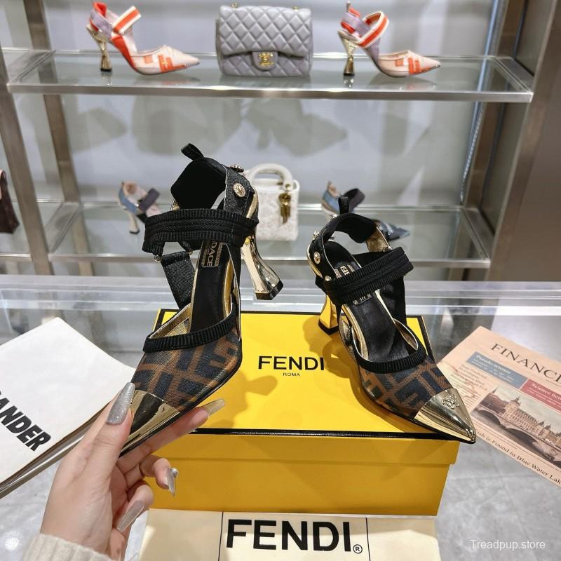 2025 Women Fendi Brown Black Leather Mesh High Heels MJ00280