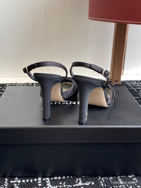 2025 Women Chanel Black Satin Leather High Heels Bow Slingback KFY00289