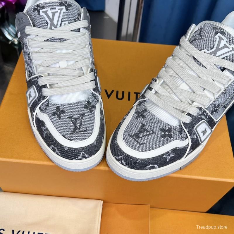 2025 Unisex Louis Vuitton Grey White Fabric Leather Sneakers