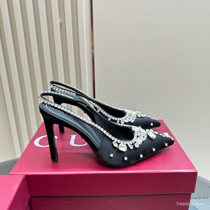 2025 Women Gucci Black Satin Slingback Heels Rhinestone MJ00340
