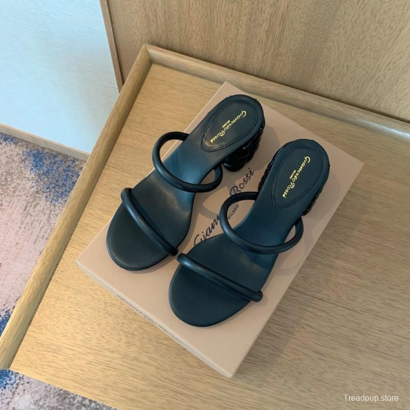 2025 Women Gianvito Rossi Black Leather Heeled Sandals