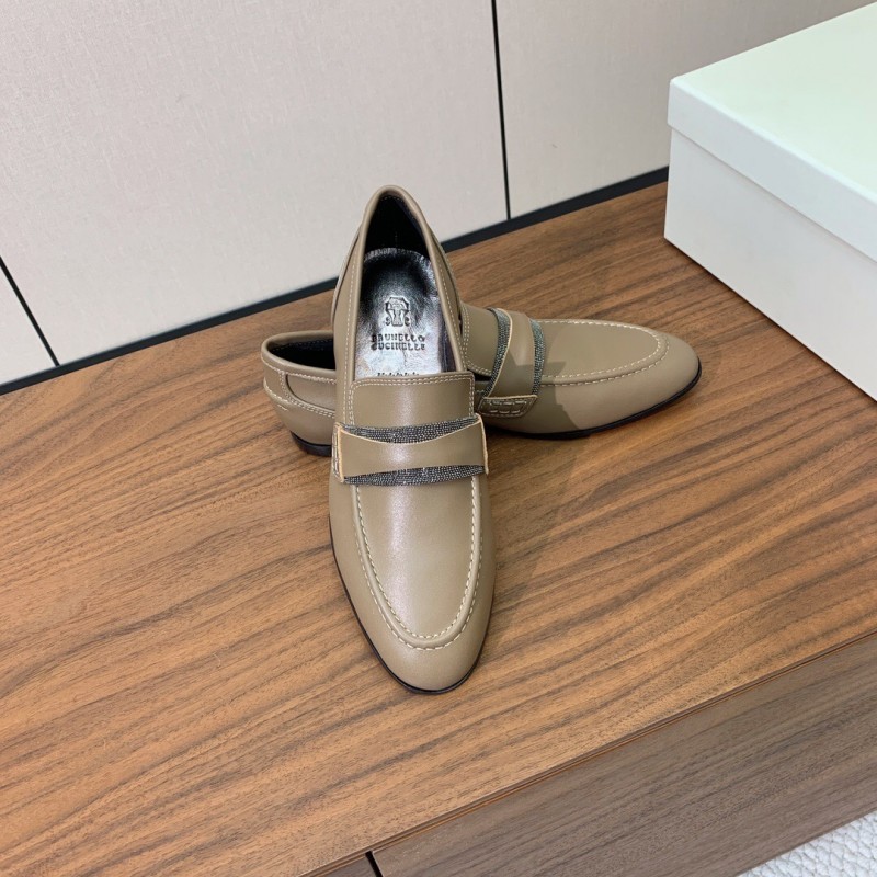 2025/Women Brunello Cucinelli Almond Leather Loafers Handmade Chain Detail LY00360(F)